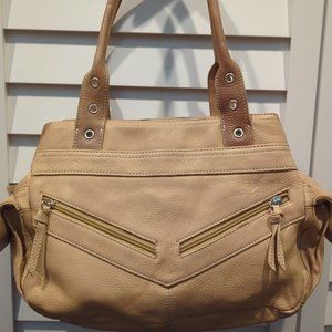 Tignanello Pebbled Leather Front Zip Side Saddle Pocket Satchel Tan